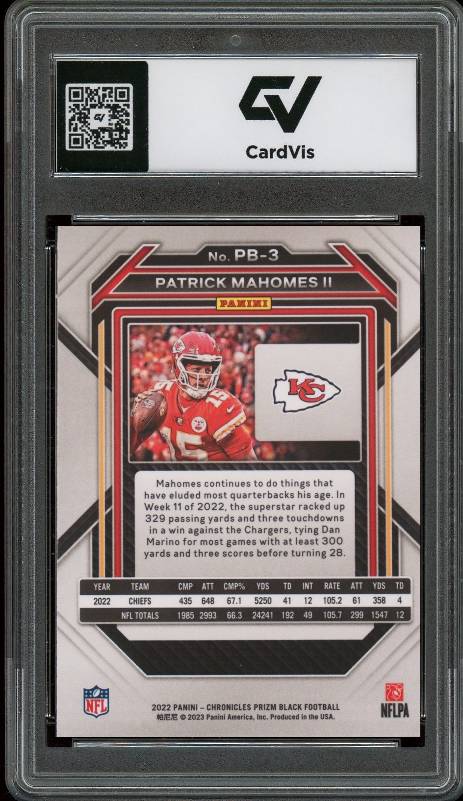 2022 Panini Chronicles #PB-3 Patrick Mahomes II Prizm Black Graded 10 Gem Mint - Back