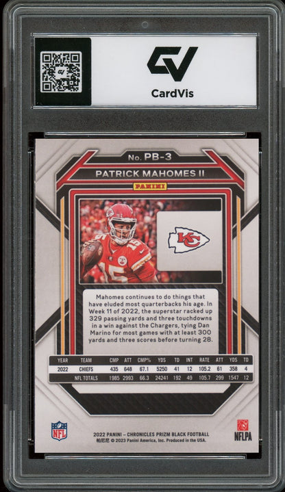 2022 Panini Chronicles #PB-3 Patrick Mahomes II Prizm Black Graded 10 Gem Mint - Back