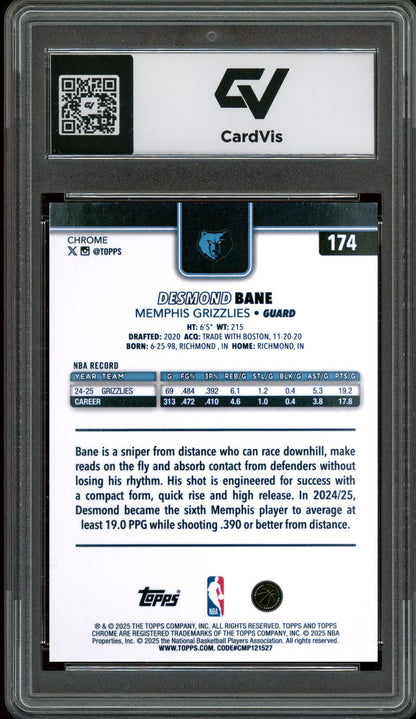 2025 Topps Chrome #174 Desmond Bane Raywave Graded 10 Gem Mint - Back