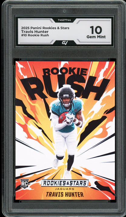 2025 Panini Rookies & Stars #10 Travis Hunter Rookie Rush Rookie Card RC Graded 10 Gem Mint - Front