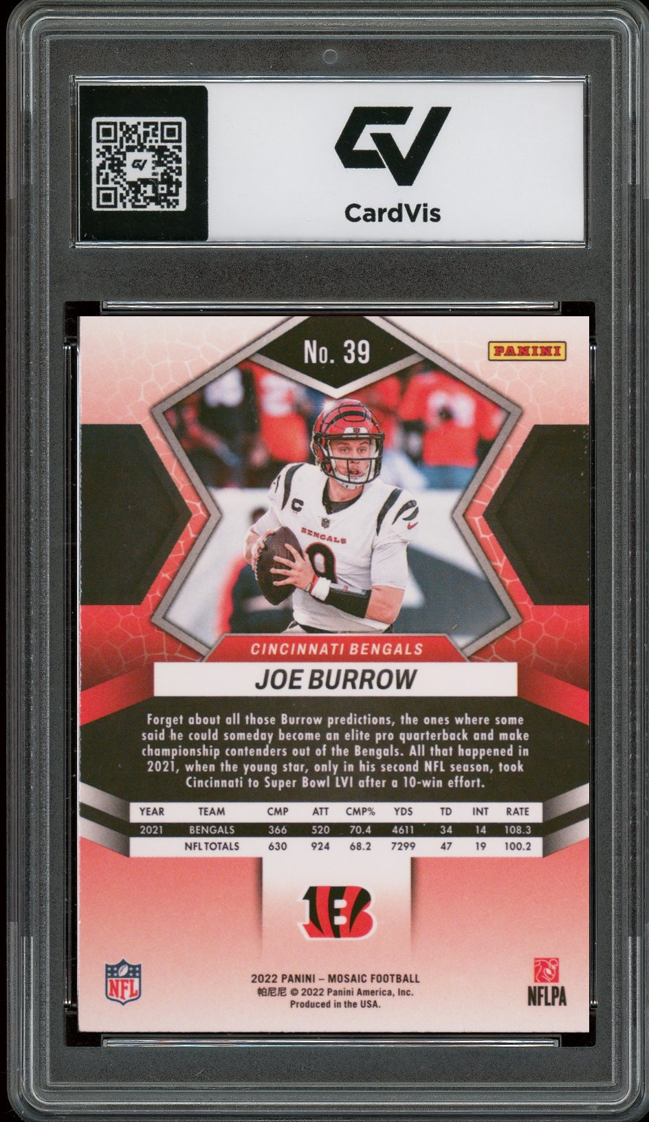 2022 Panini Mosaic #39 Joe Burrow Graded 10 Gem Mint - Back