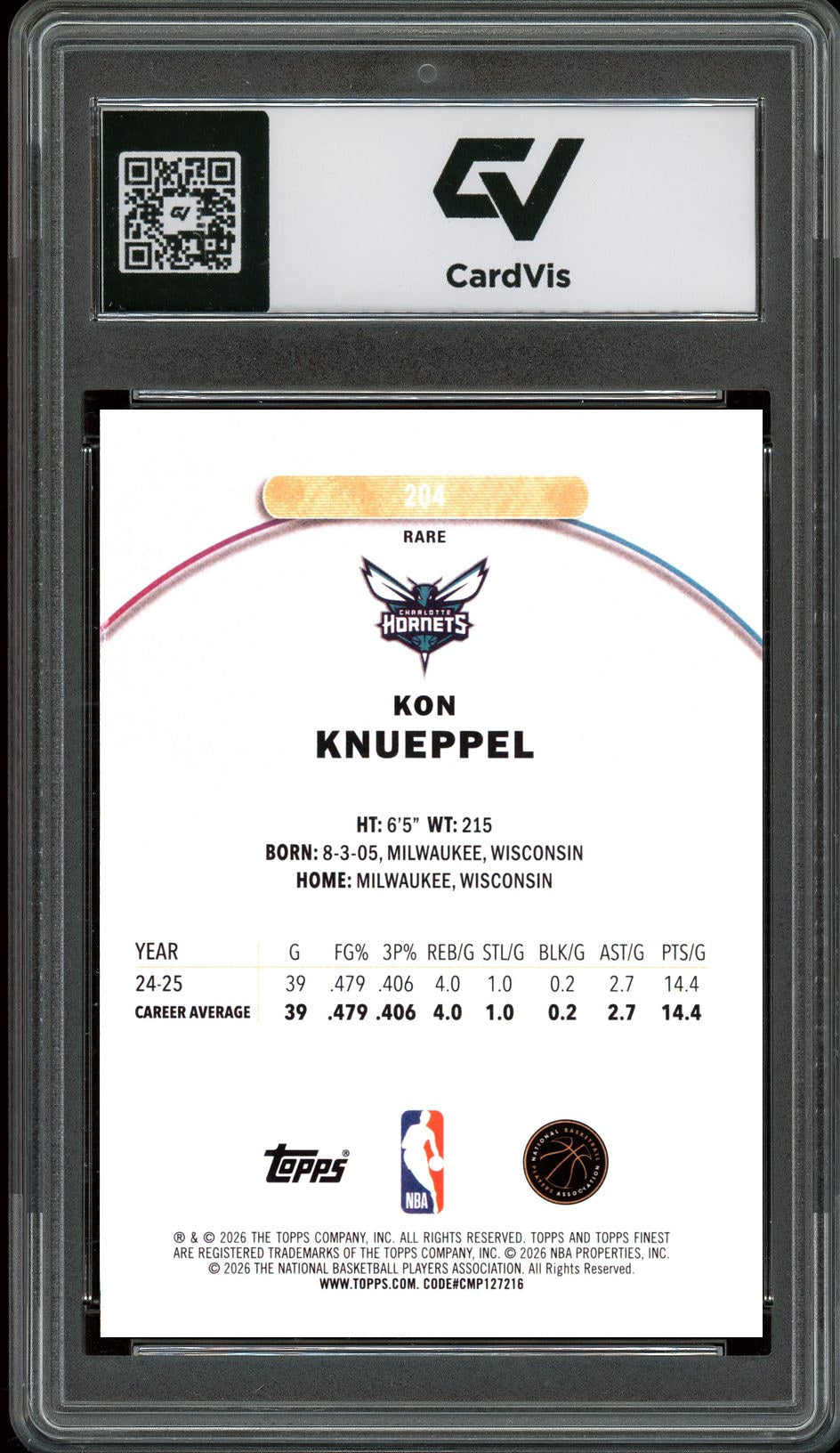 2025 Topps Finest #204 Kon Knueppel Rookie Card RC Graded 10 Gem Mint - Back