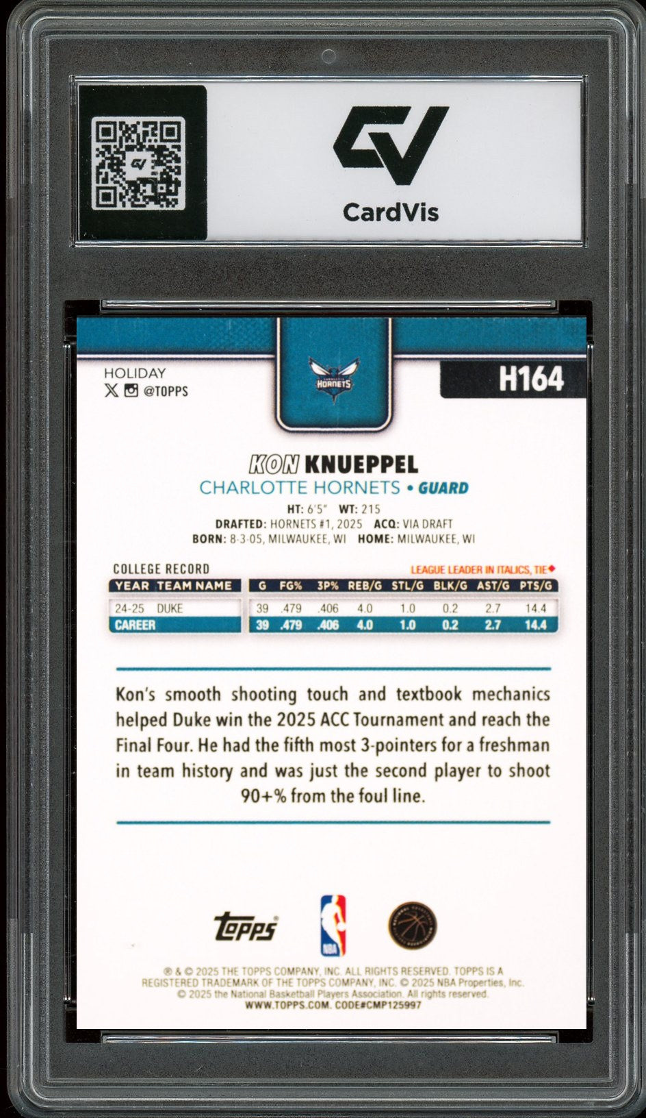 2025 Topps Holiday #H164 Kon Knueppel Rookie Card RC Graded 10 Gem Mint - Back