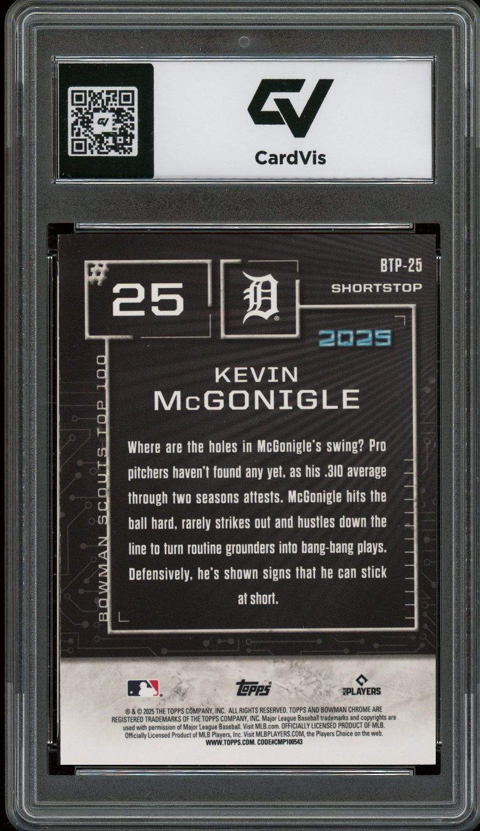 2025 Bowman #BTP-25 Kevin McGonigle Top 100 Graded 10 Gem Mint - Back