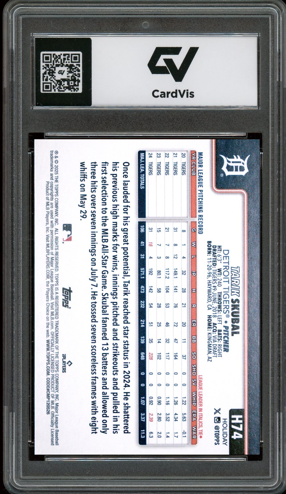 2025 Topps Holiday #H74 Tarik Skubal Graded 10 Gem Mint - Back