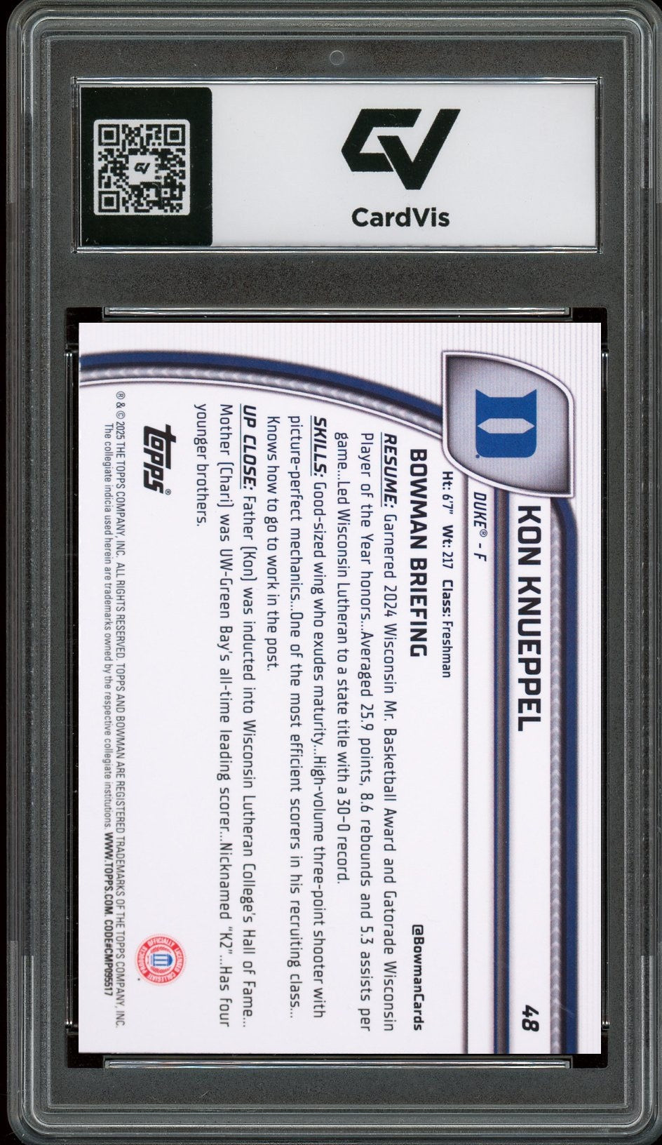 2024 Bowman Chrome University #48 Kon Knueppel Rookie Card RC Graded 10 Gem Mint - Back