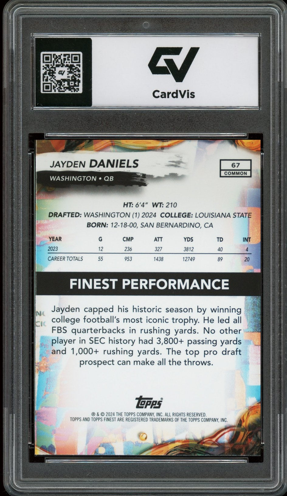 2024 Topps Finest #67 Jayden Daniels Rookie Card RC Graded 10 Gem Mint - Back