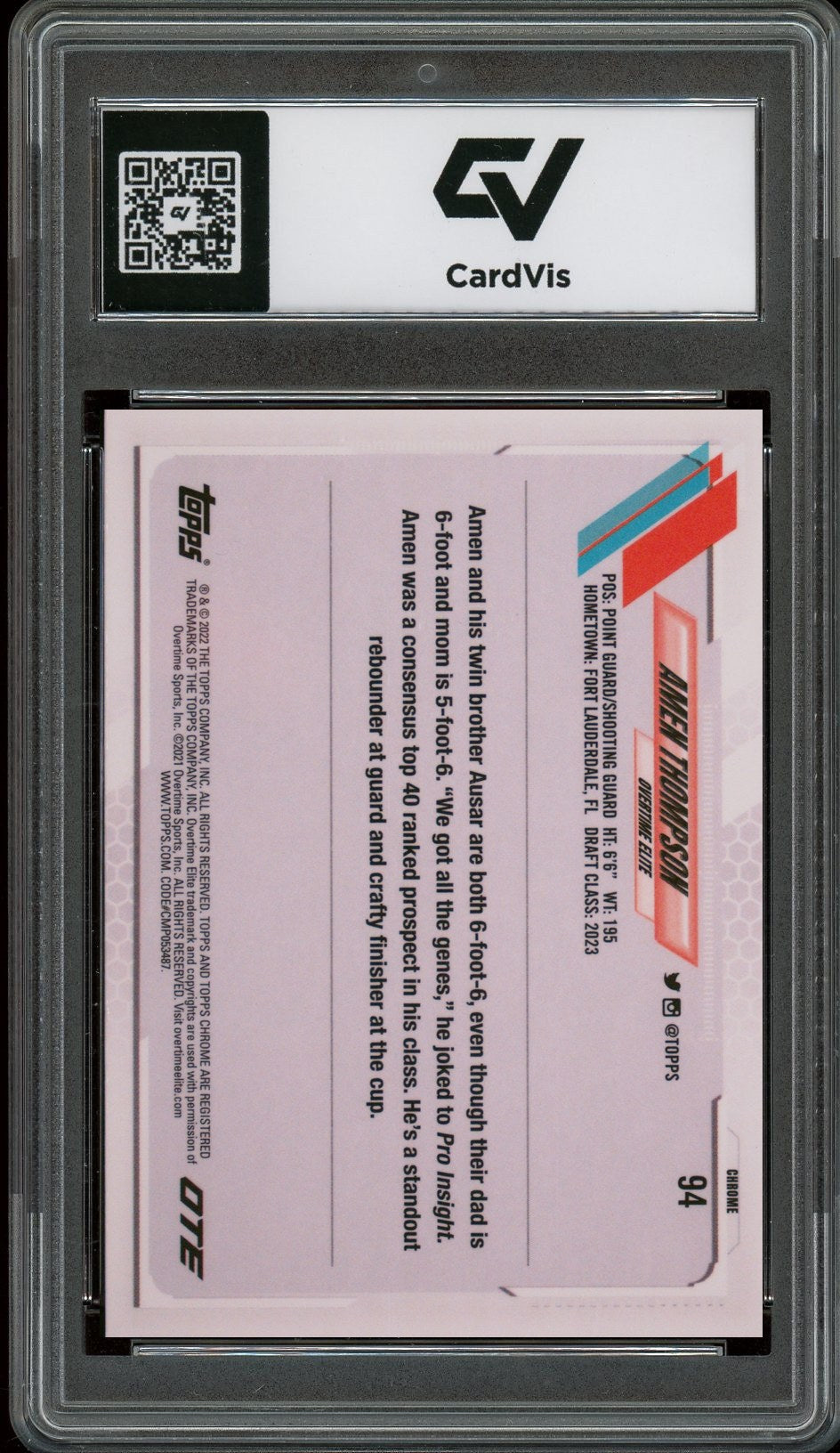 2021 Topps Chrome #94 Amen Thompson Overtime Elite Rookie Card RC Graded 10 Gem Mint - Back