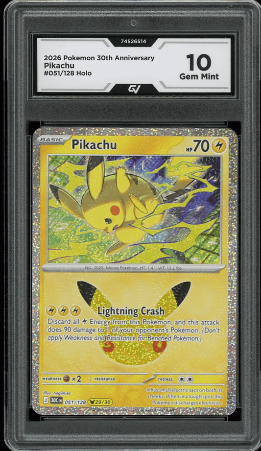 2026 Pokemon 30th Anniversary #051/128 Pikachu Holo Graded 10 Gem Mint