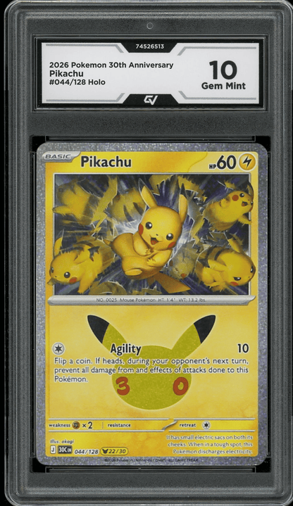 2026 Pokemon 30th Anniversary #044/128 Pikachu Holo Graded 10 Gem Mint Presale