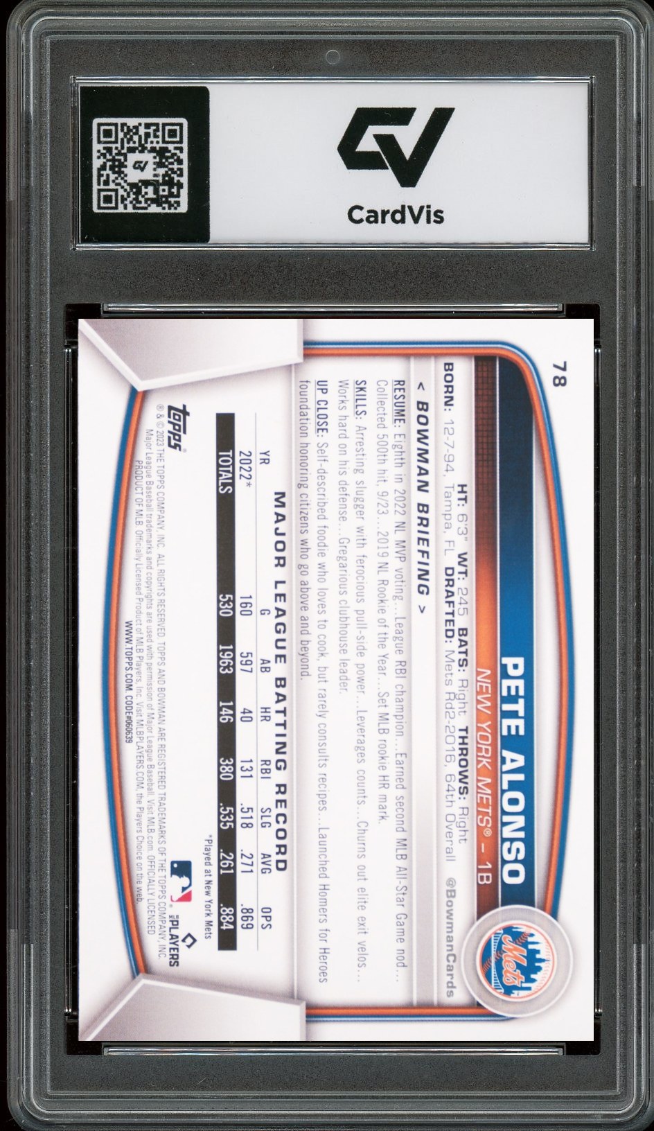 2023 Bowman #78 Pete Alonso Graded 10 Gem Mint - Back