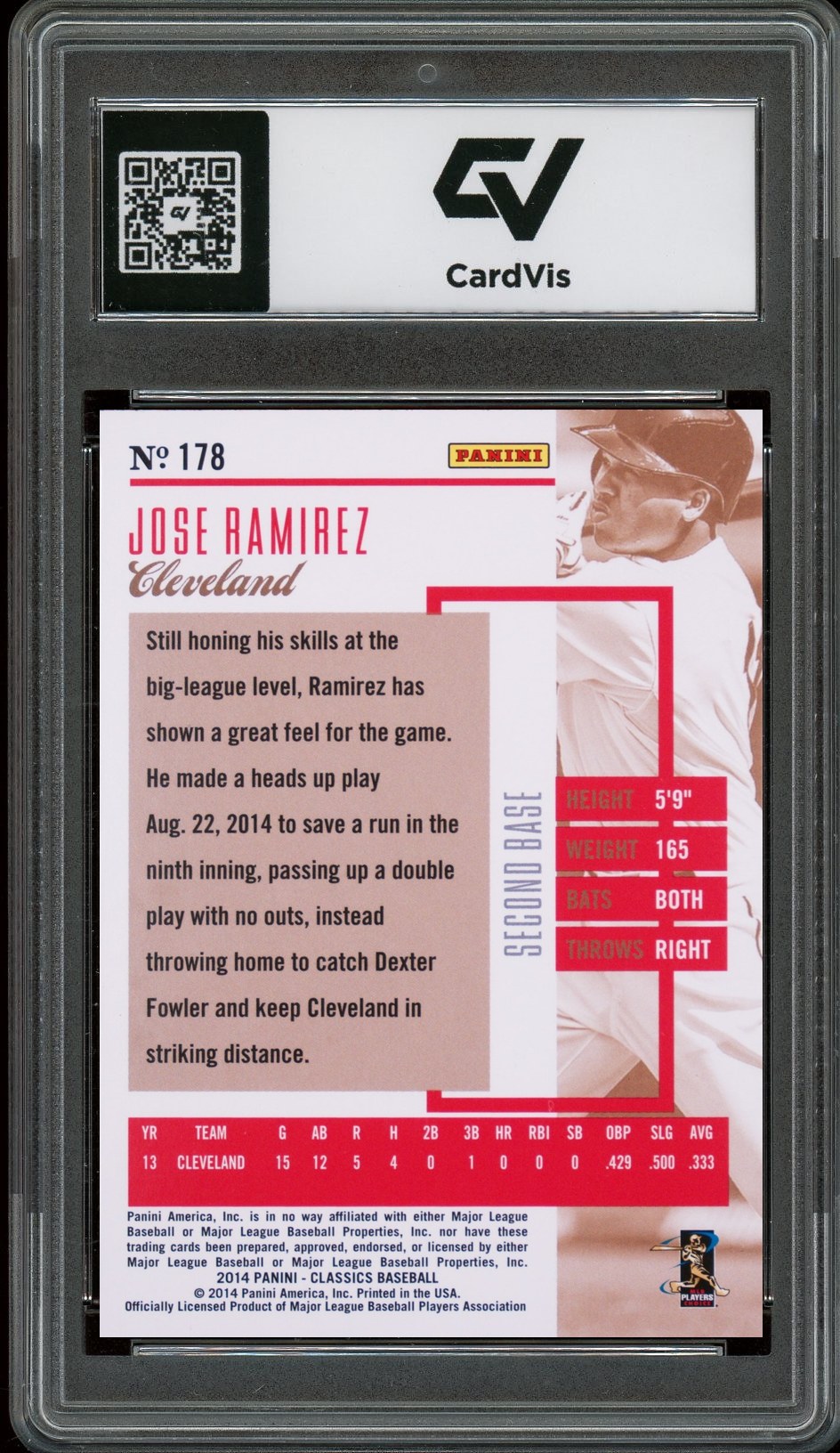 2014 Panini Classics #178 Jose Ramirez Rookie Card RC Graded 10 Gem Mint - Back