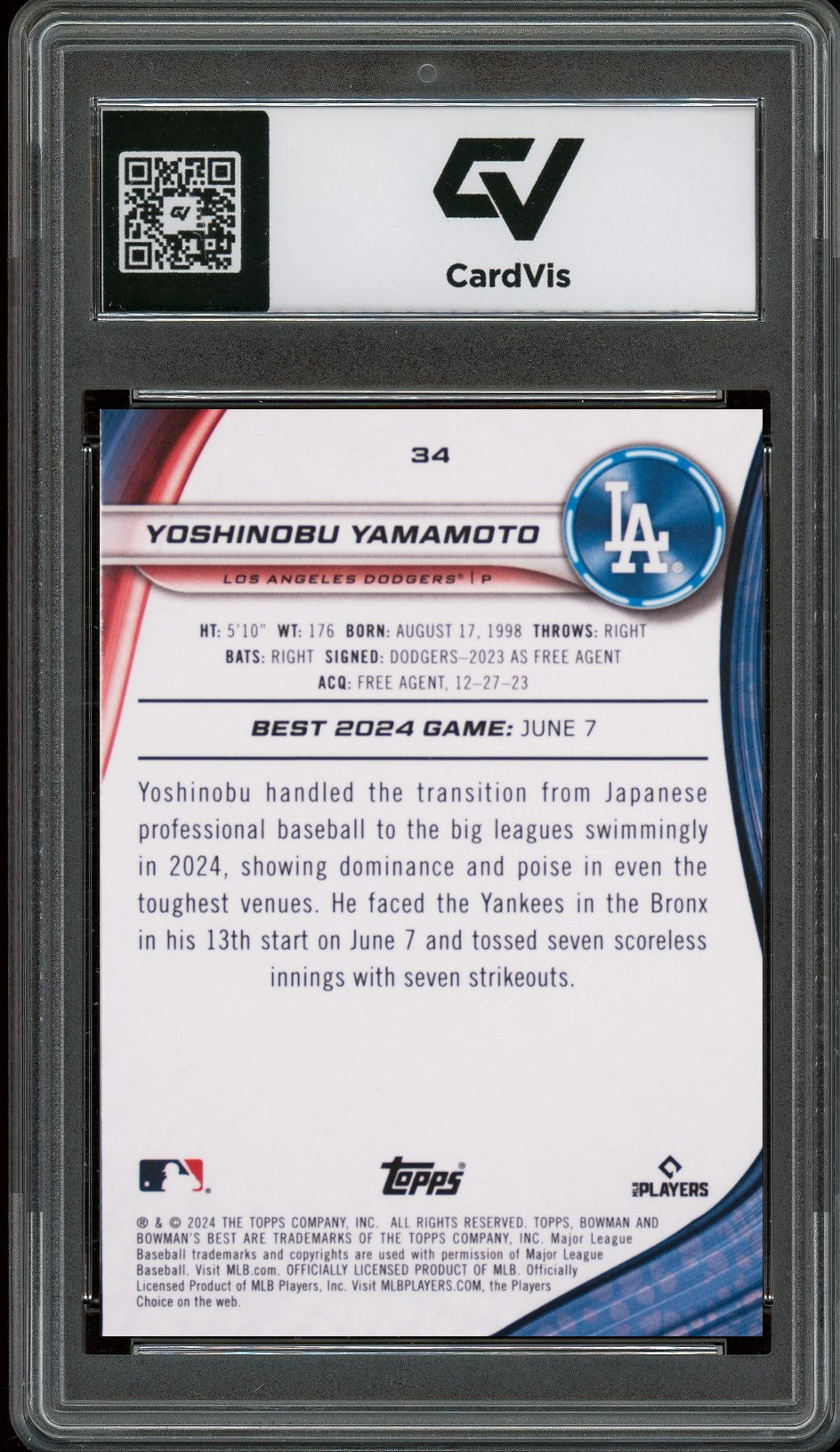 2024 Bowman's Best #34 Yoshinobu Yamamoto Rookie Card RC Graded 10 Gem Mint - Back