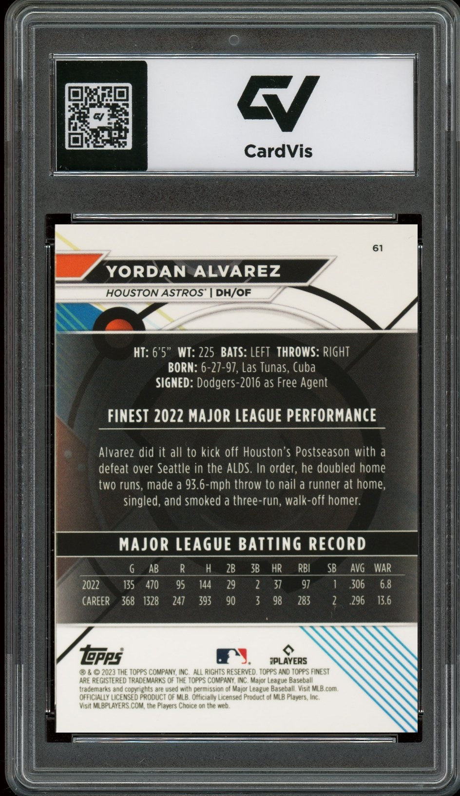 2023 Topps Finest #61 Yordan Alvarez Graded 10 Gem Mint - Back