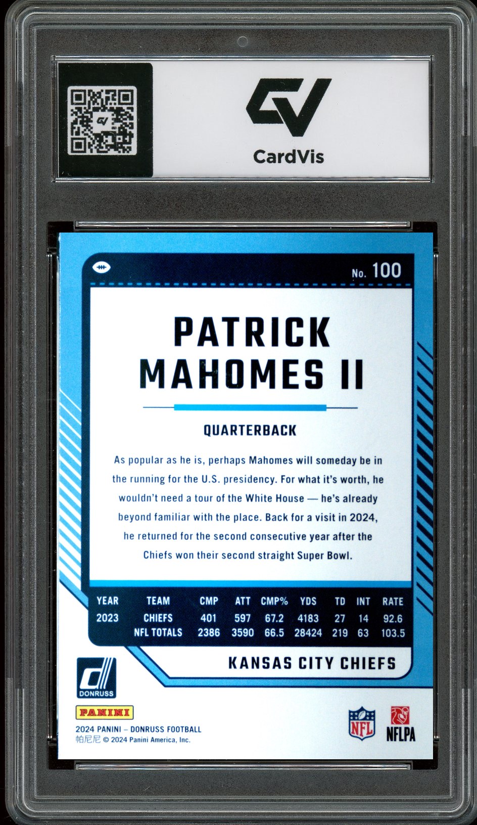 2024 Panini Donruss #100 Patrick Mahomes II Graded 10 Gem Mint - Back