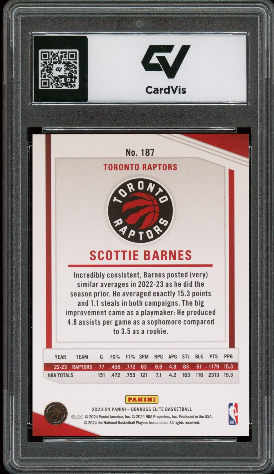 2023 Panini Donruss Elite #187 Scottie Barnes Graded 10 Gem Mint - Back