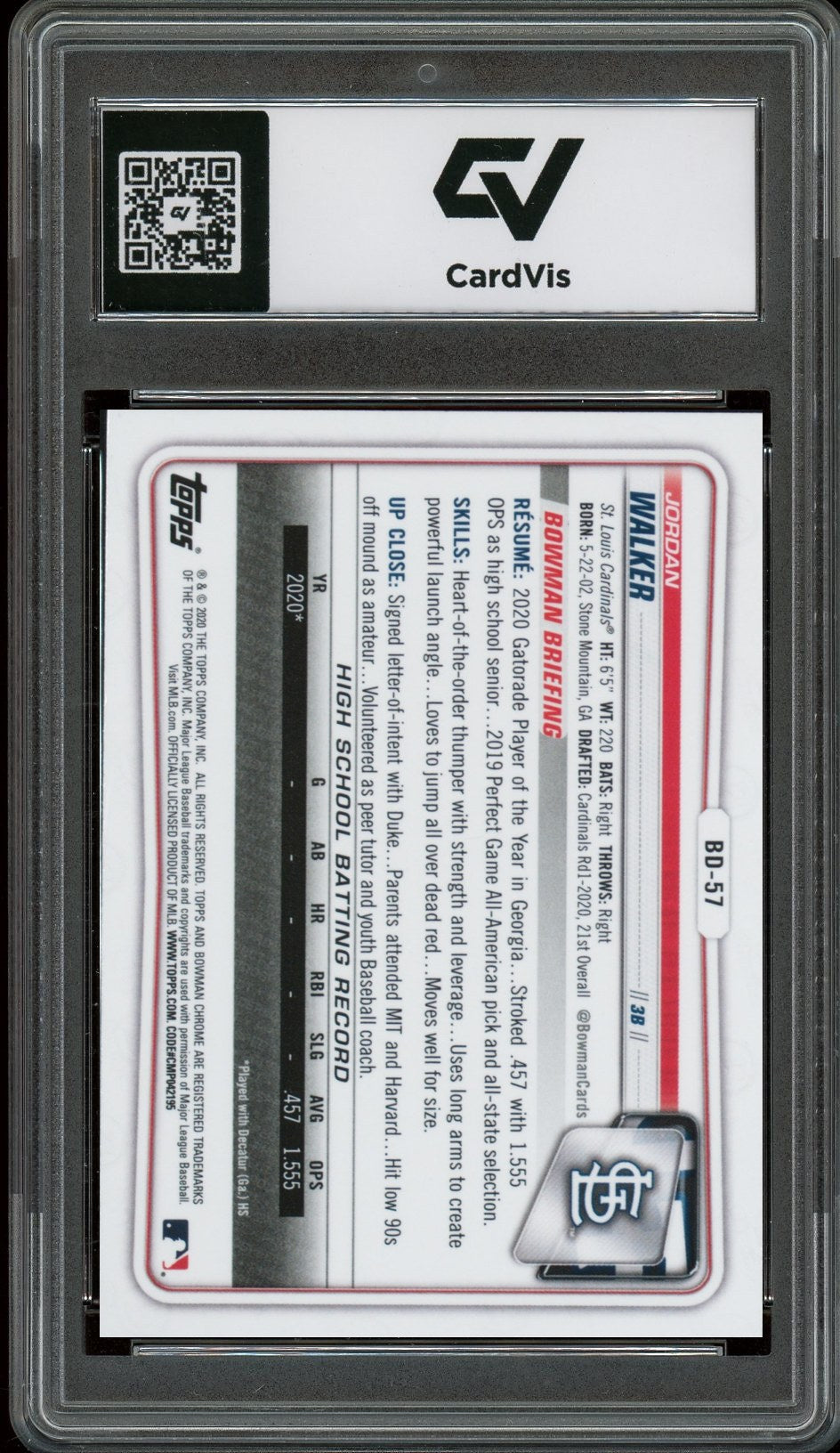 2020 Bowman Draft #BD-57 Jordan Walker Chrome Rookie Card RC Graded 10 Gem Mint - Back