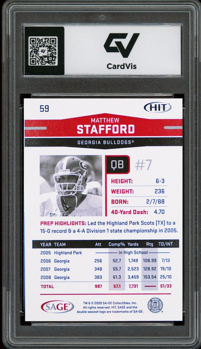 2009 Sage Hit #59 Matthew Stafford Rookie Card RC Graded 10 Gem Mint - Back