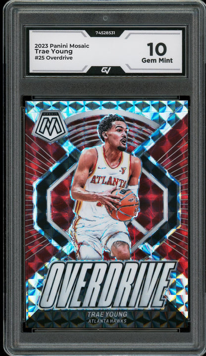 2023 Panini Mosaic #25 Trae Young Overdrive Graded 10 Gem Mint - Front