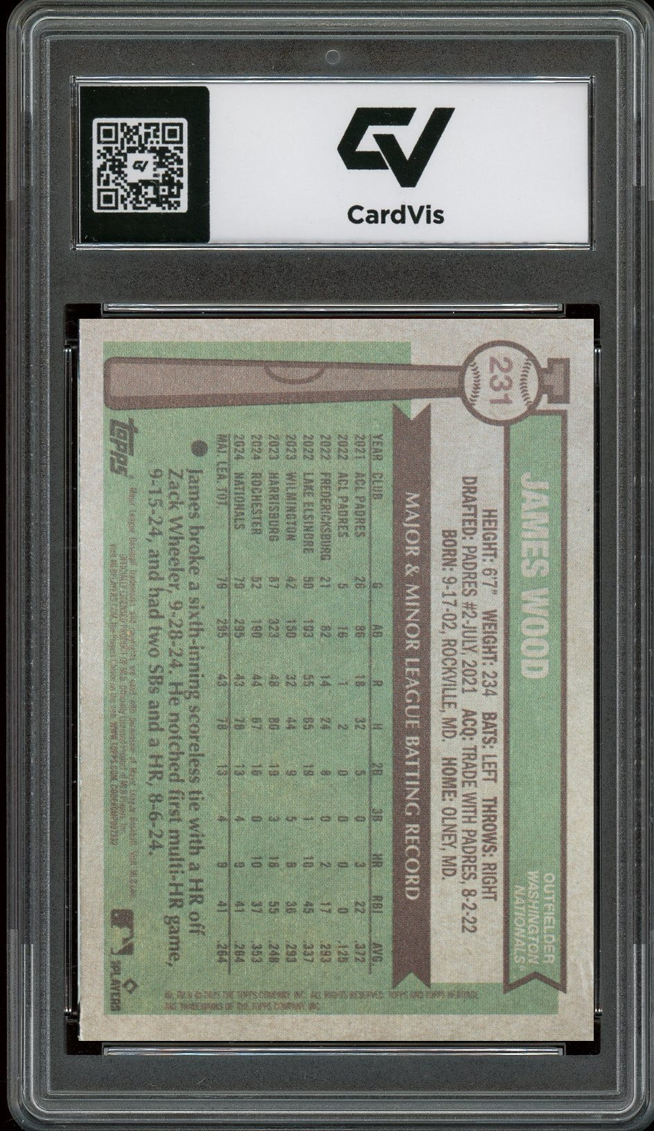 2025 Topps Heritage #231 James Wood Rookie Card RC Graded 10 Gem Mint - Back