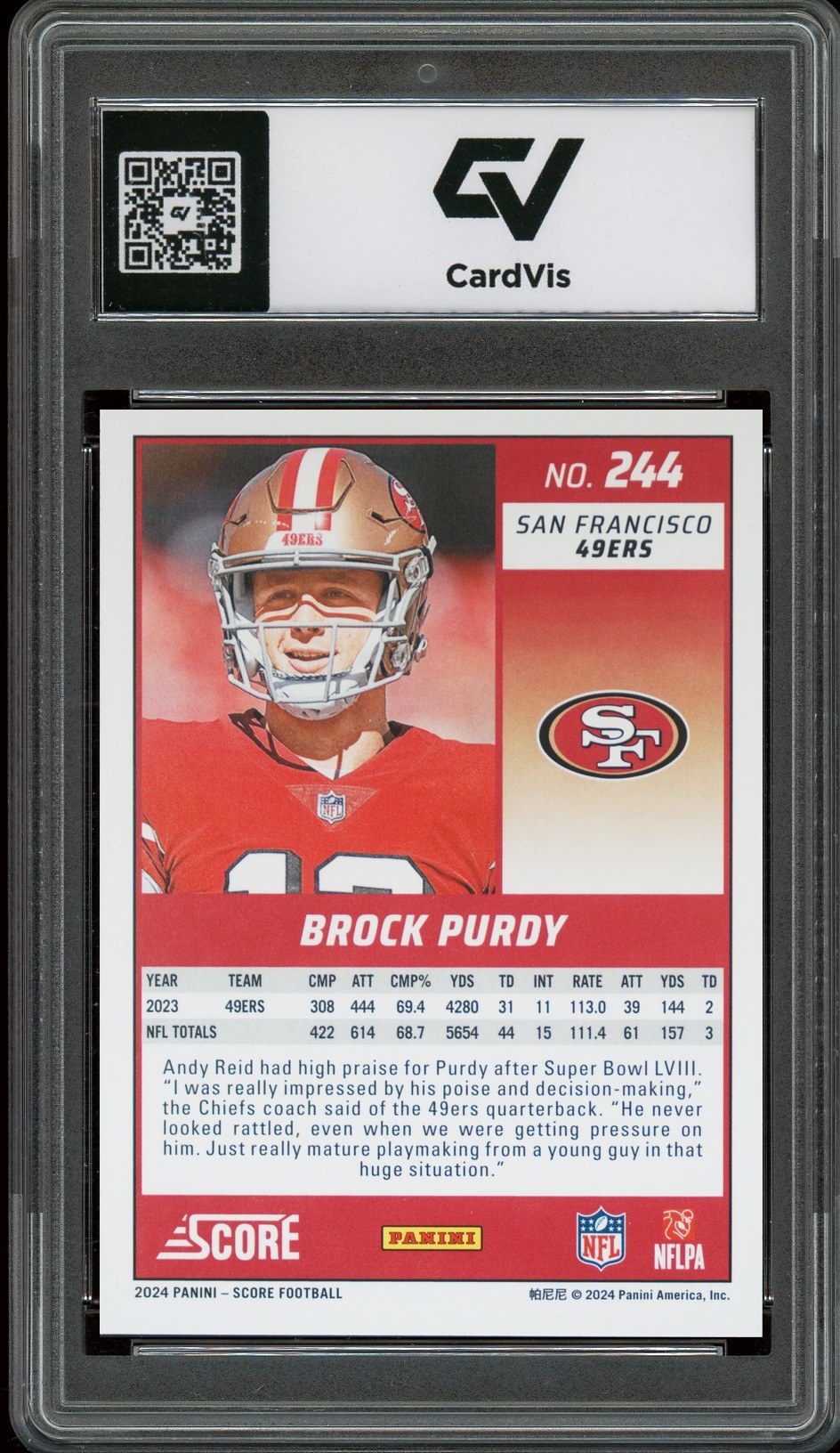 2024 Panini Score #244 Brock Purdy Graded 10 Gem Mint - Back