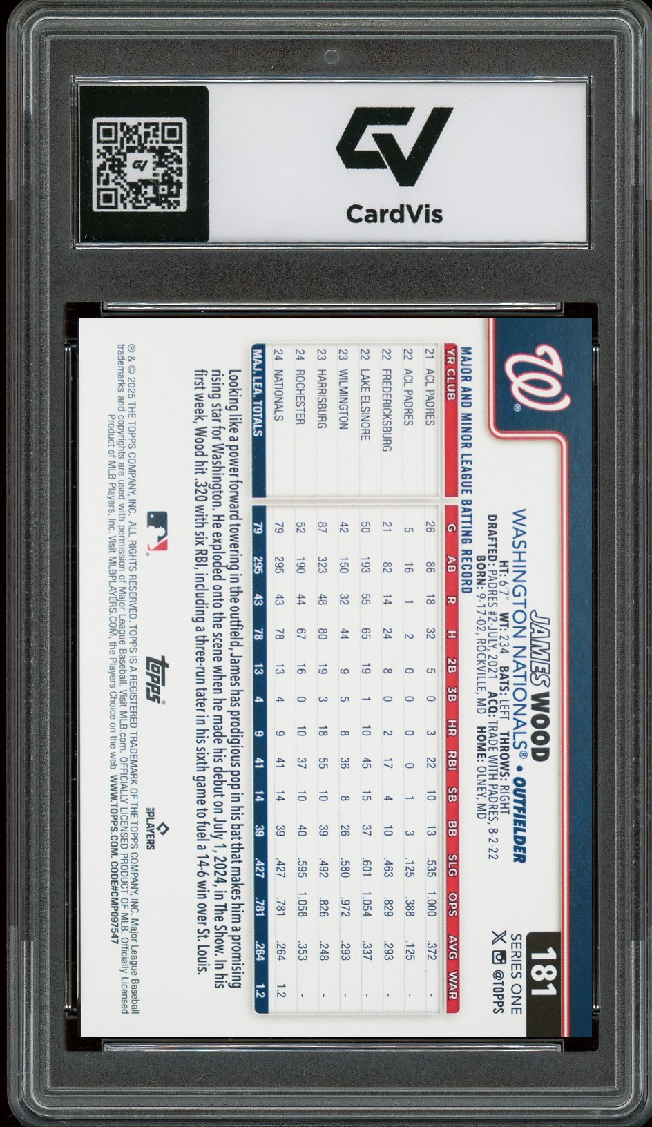 2025 Topps #181 James Wood Rookie Card RC Graded 10 Gem Mint - Back