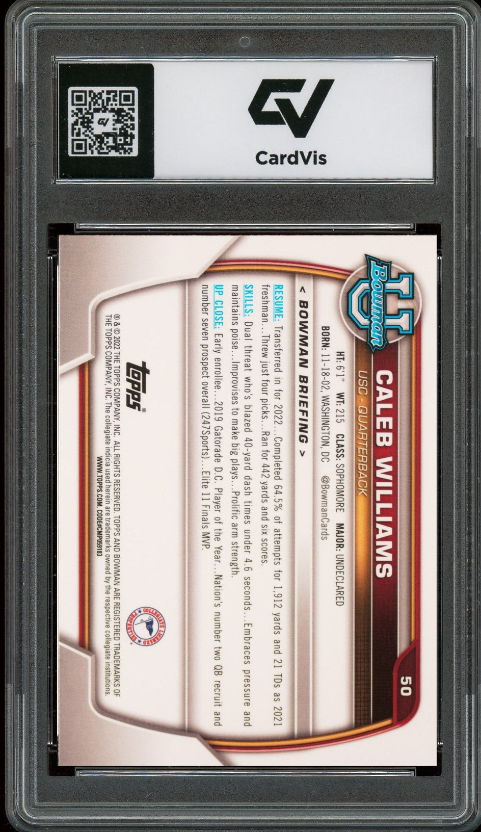2022 Bowman University Chrome #50 Caleb Williams Prospects Rookie Card RC Graded 10 Gem Mint - Back