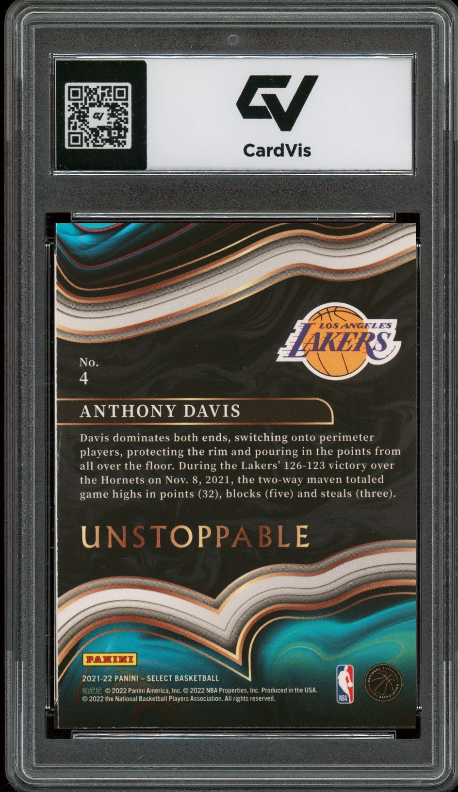 2021 Panini Select #4 Anthony Davis Unstoppable Graded 10 Gem Mint - Back