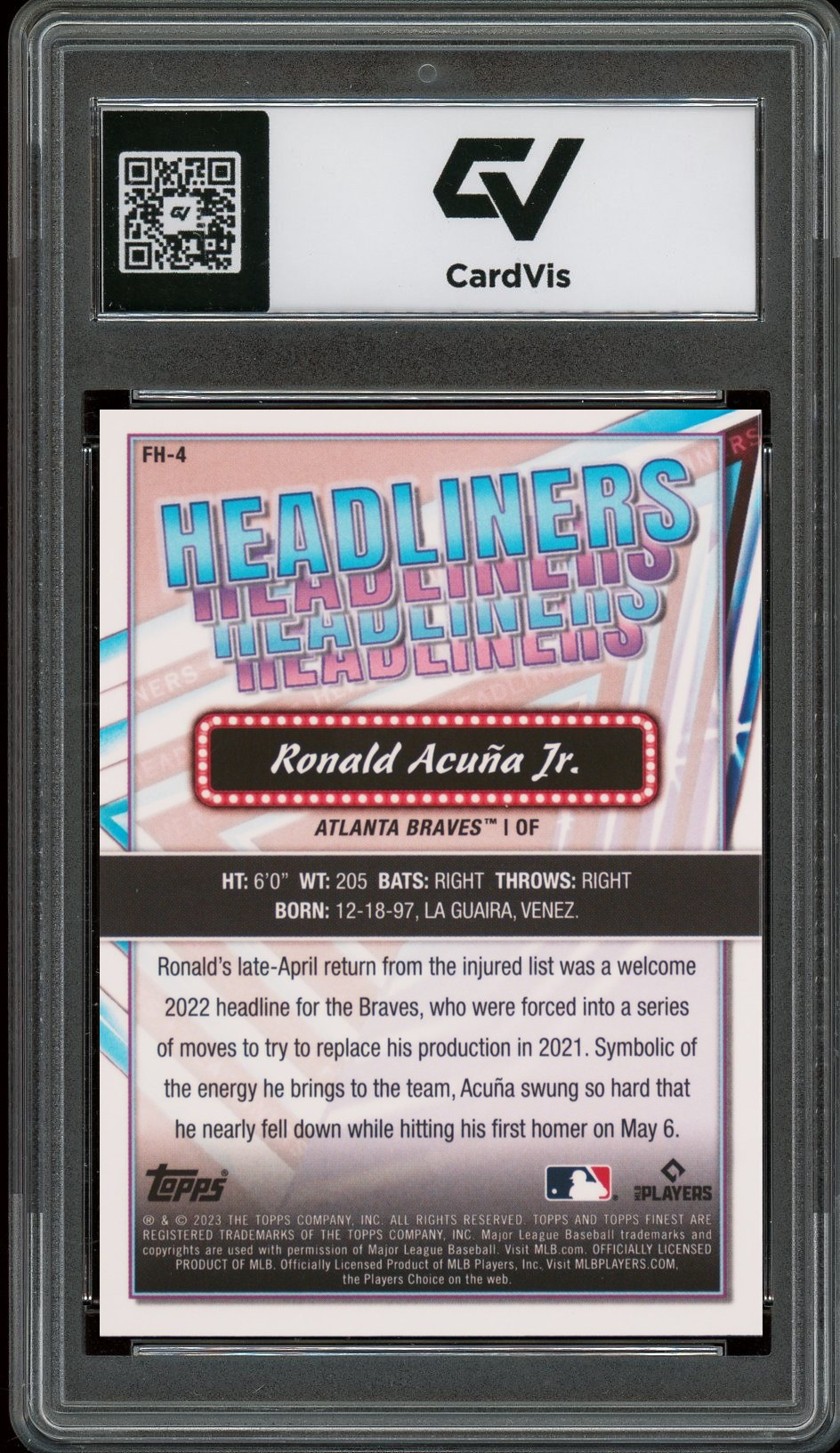 2023 Topps Finest #FH-4 Ronald Acuna Jr. Headliners Graded 10 Gem Mint - Back