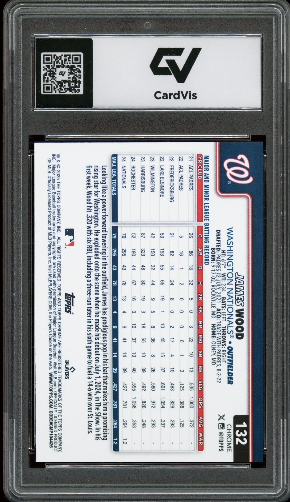 2025 Topps Chrome #132 James Wood Rookie Card RC Graded 10 Gem Mint - Back